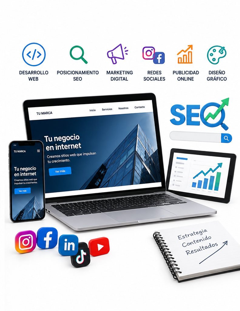 Sitio web en computador, móvil y tableta con servicios de marketing digital